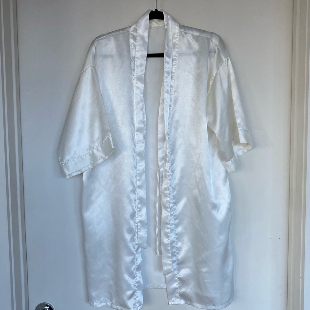Women’s white, short/mini, satin robe with tie